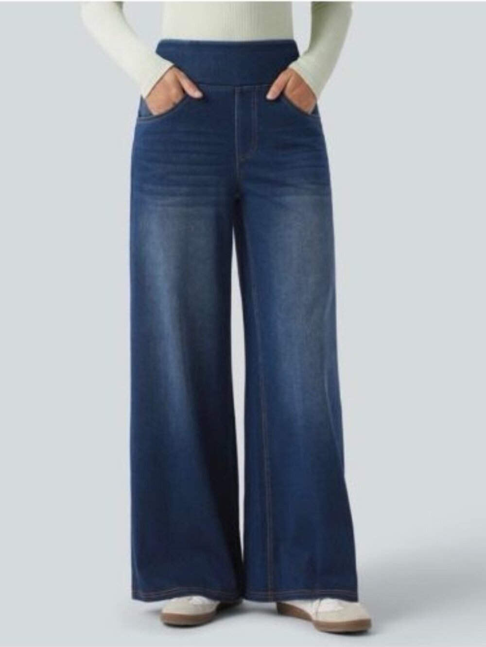 Halara Flex Denim High Waisted Wide Leg Pull On Jeans Estate Blue XS Petite